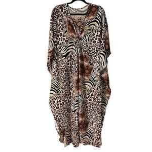 Mixed animal print brown, black, & white rayon long V-neck caftan One Size